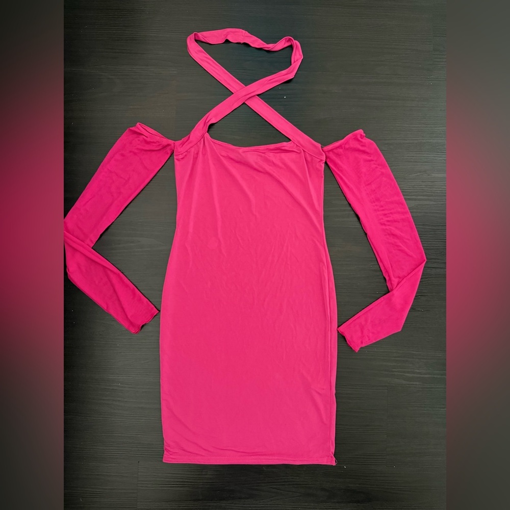 PrettyLittleThing Hot Pink Sheer Bodycon Sleeve Dress